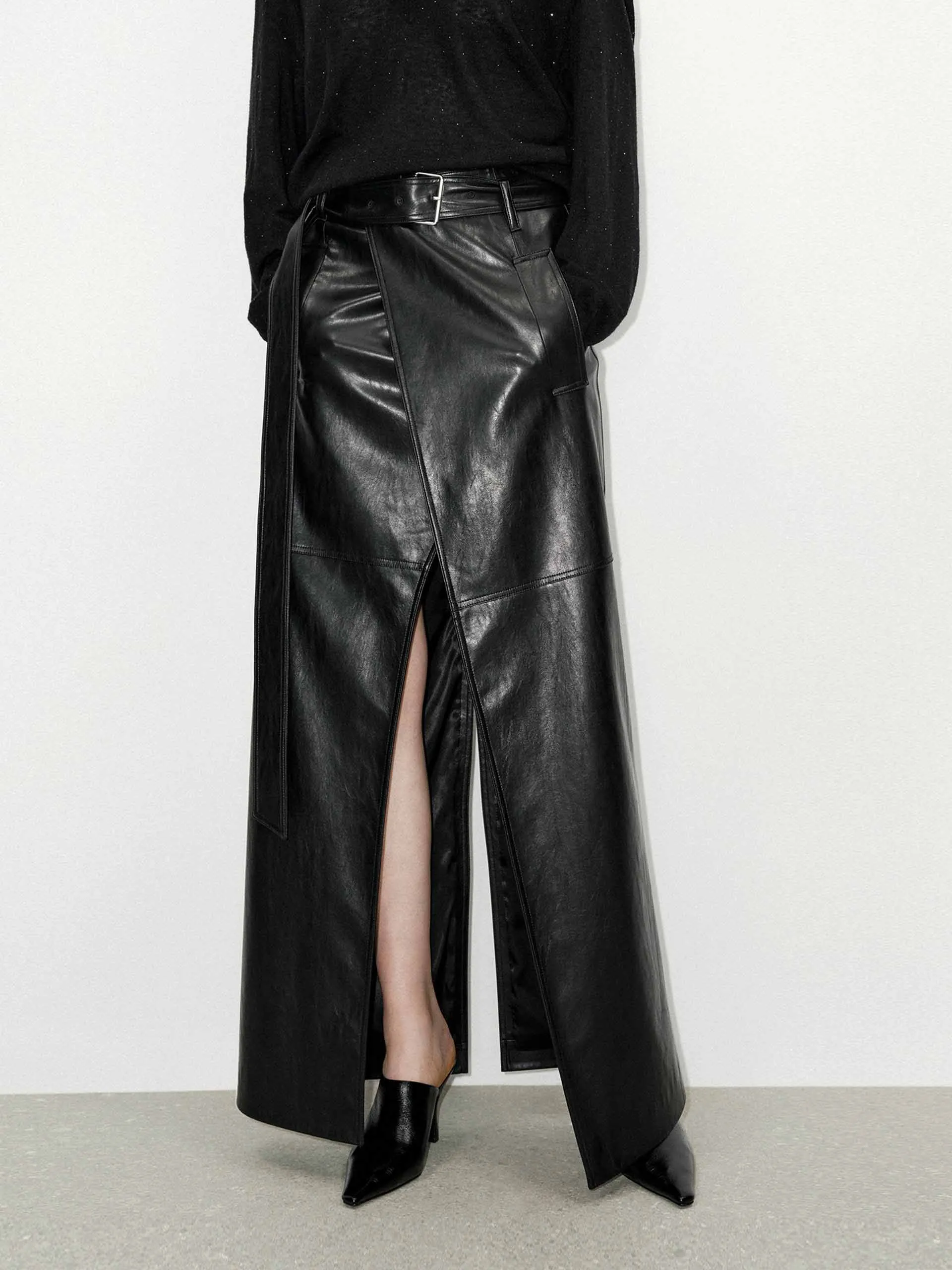 Maxi Slit Detail Leather Skirt