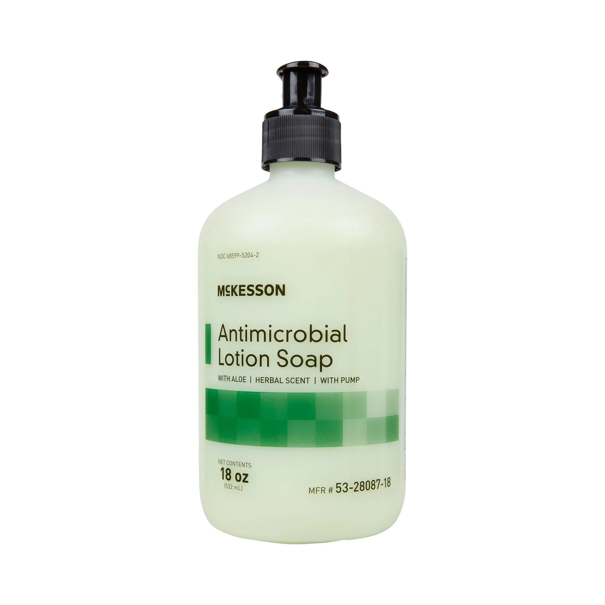 McKesson Antimicrobial Lotion Soap, Herbal Scent, 18 oz, Pump Bottle, Green, 0.95% Strength