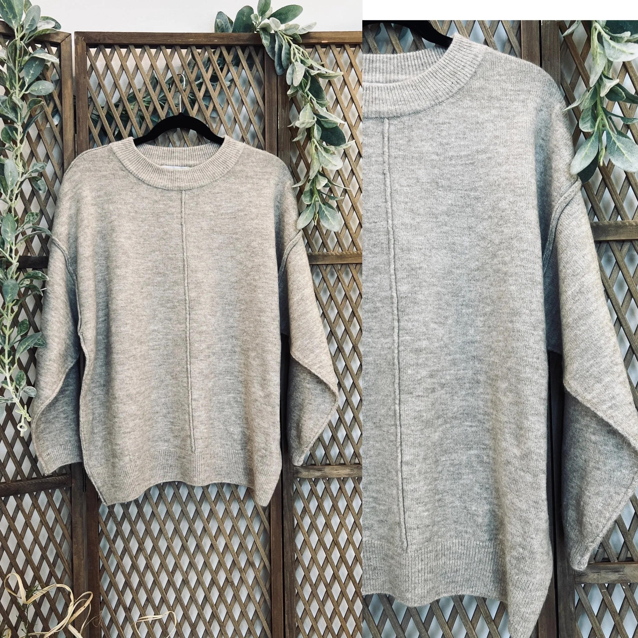 Melange Front Seam Round Neck Sweater: Mocha