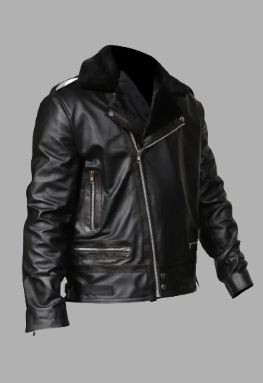 Men’s Asymmetrical Zipper Black Faux Fur Lined Jacket