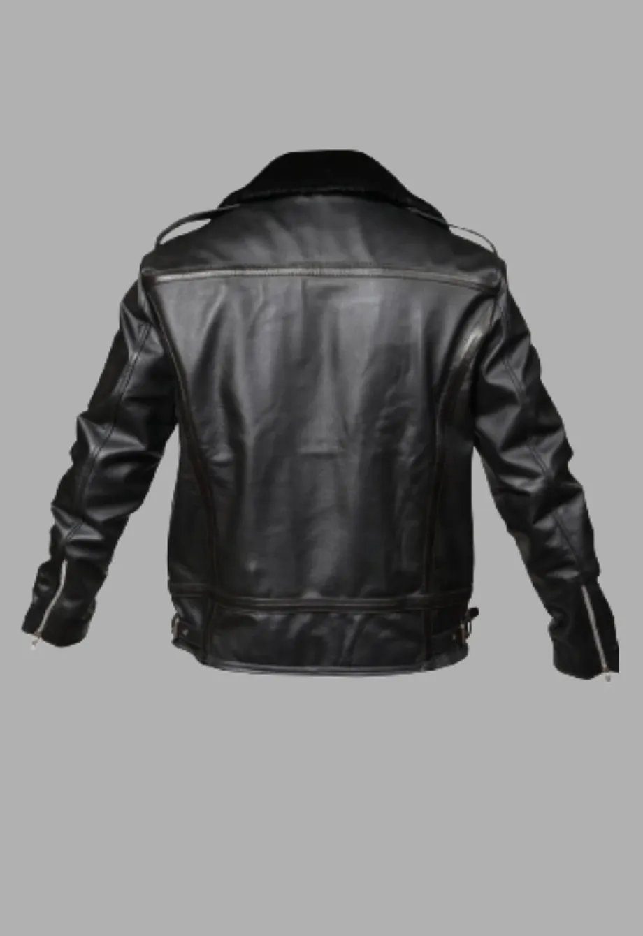 Men’s Asymmetrical Zipper Black Faux Fur Lined Jacket