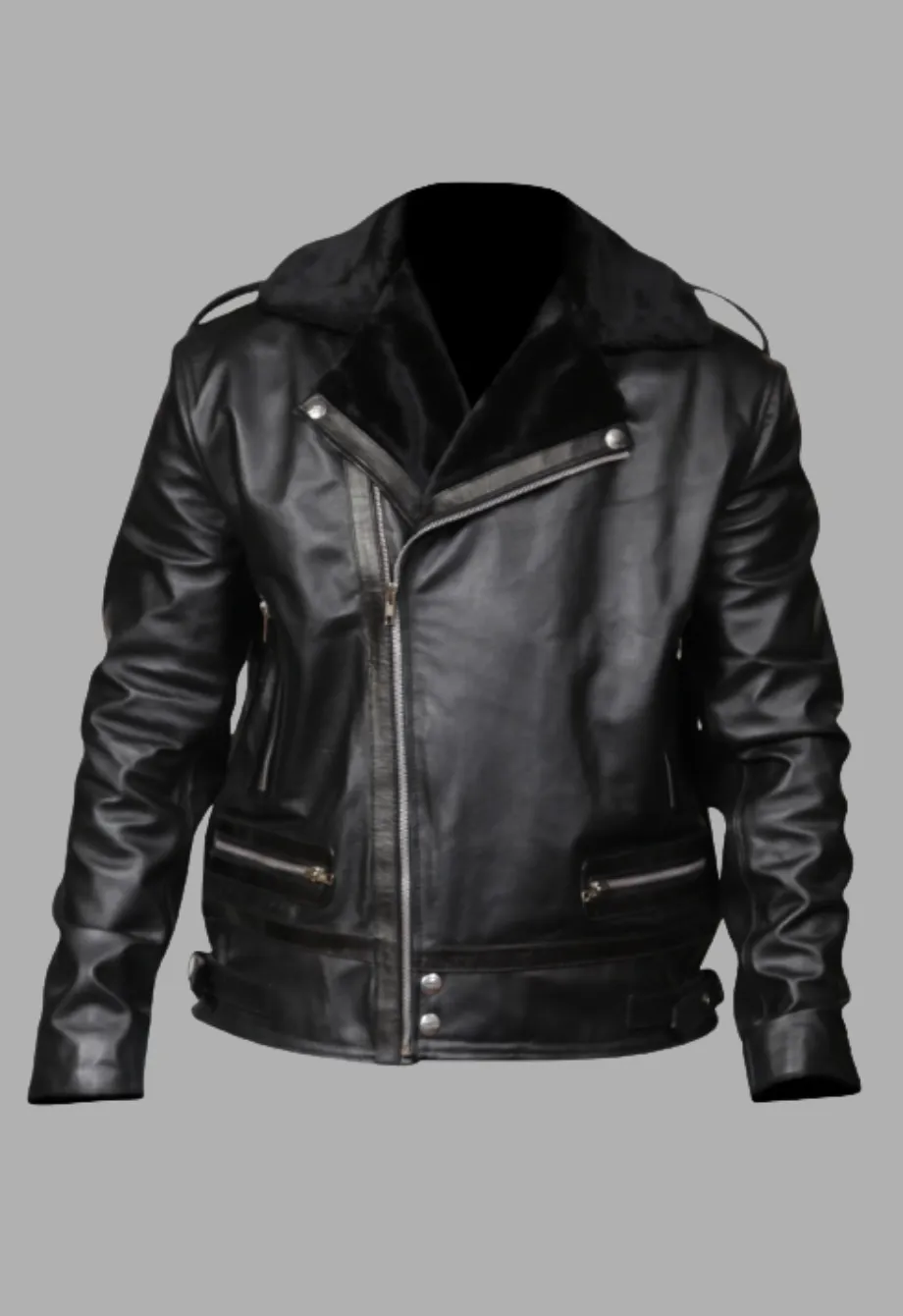 Men’s Asymmetrical Zipper Black Faux Fur Lined Jacket