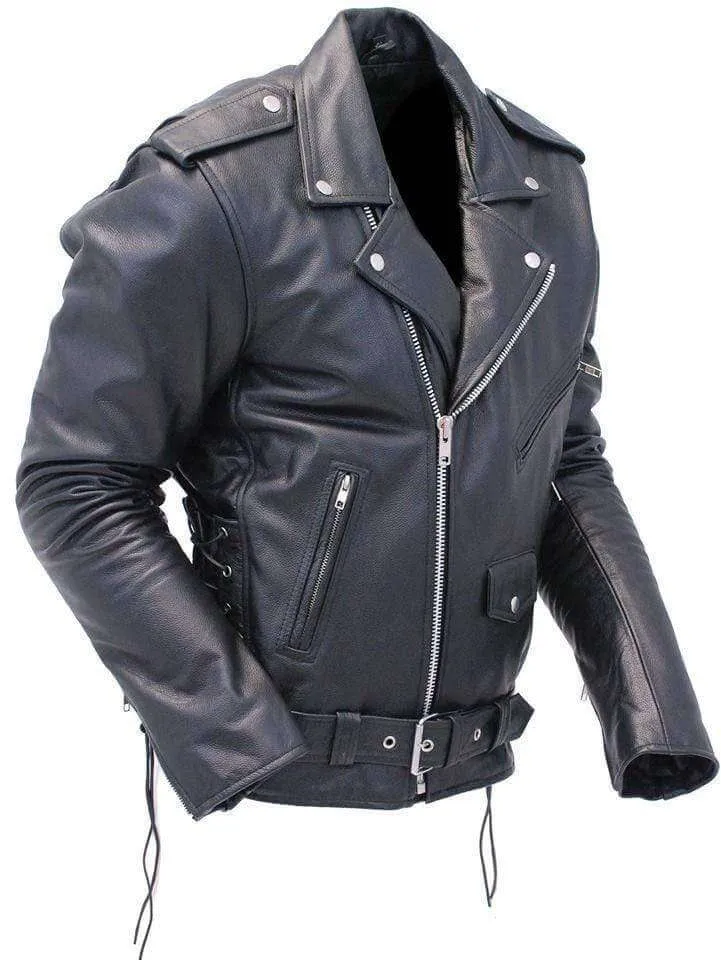 Men's Black Zipper Classical Real Leather Motorcycle Biker Jacket