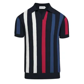 Men's dark blue striped contrasting knit polo shirt