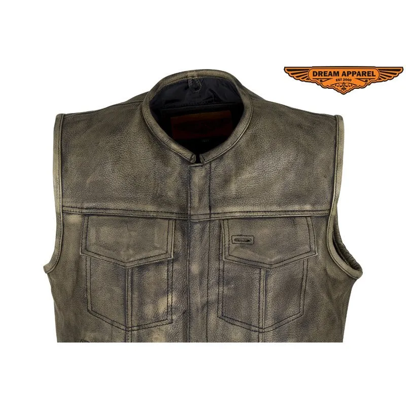 Men's Distressed Brown Leather Motorcycle Club Vest