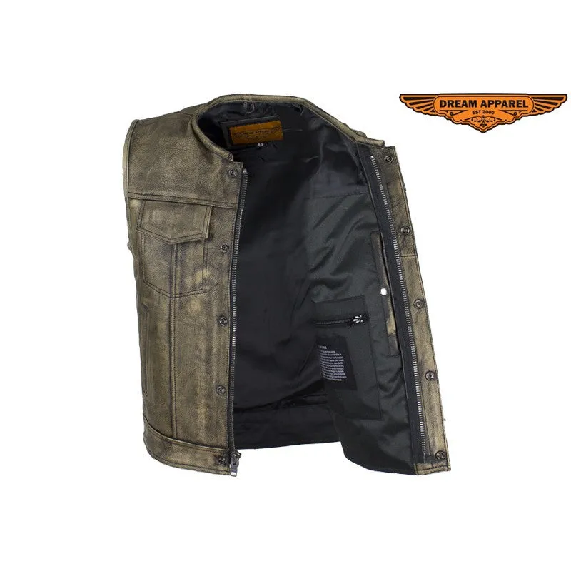 Men's Distressed Brown Leather Motorcycle Club Vest