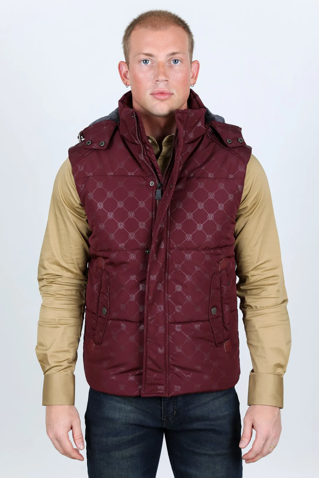 Men's Fur Lined Quilted Monogram Vest - Burgundy