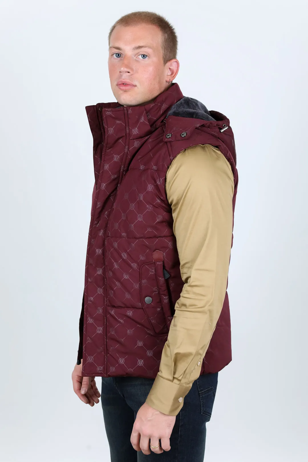 Men's Fur Lined Quilted Monogram Vest - Burgundy