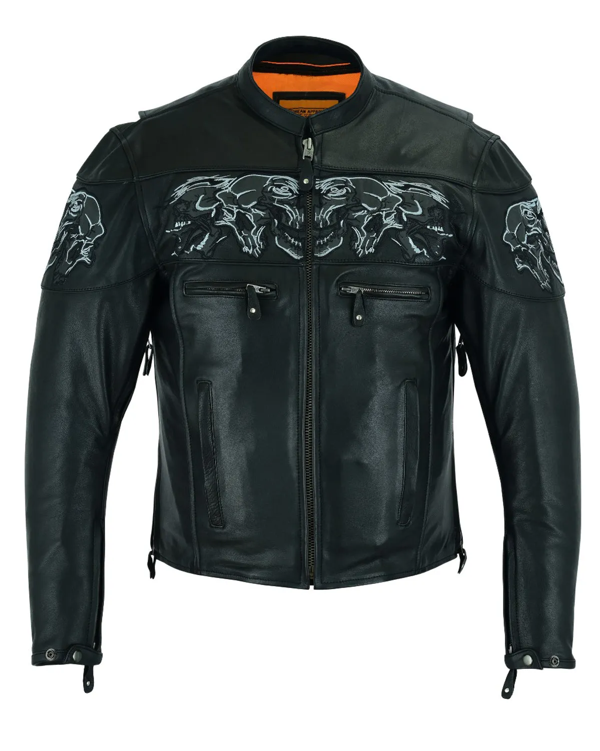 Mens Leather Jacket With Sleek Collar and Reflective Skulls & Gun Pockets Heavy Duty