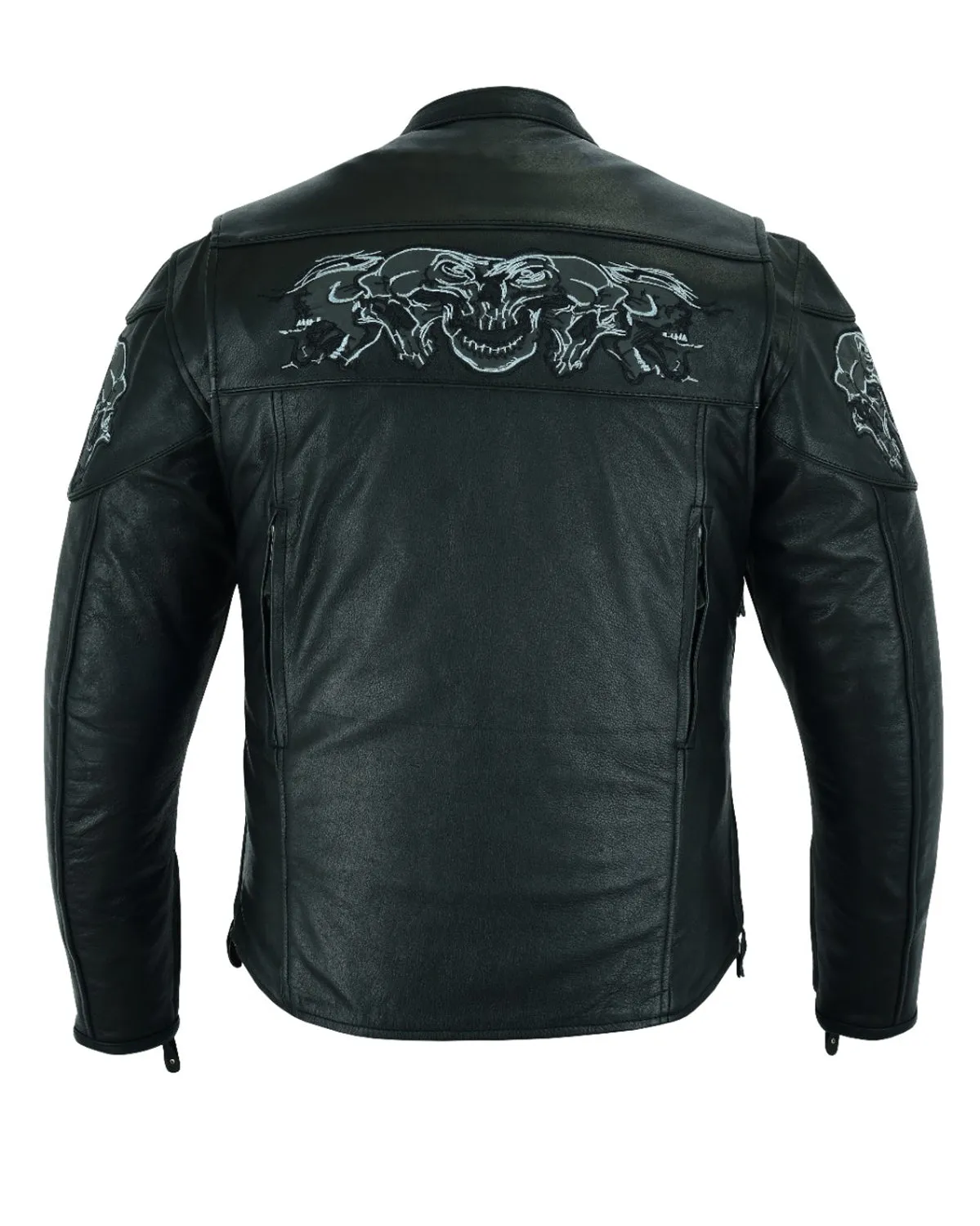 Mens Leather Jacket With Sleek Collar and Reflective Skulls & Gun Pockets Heavy Duty