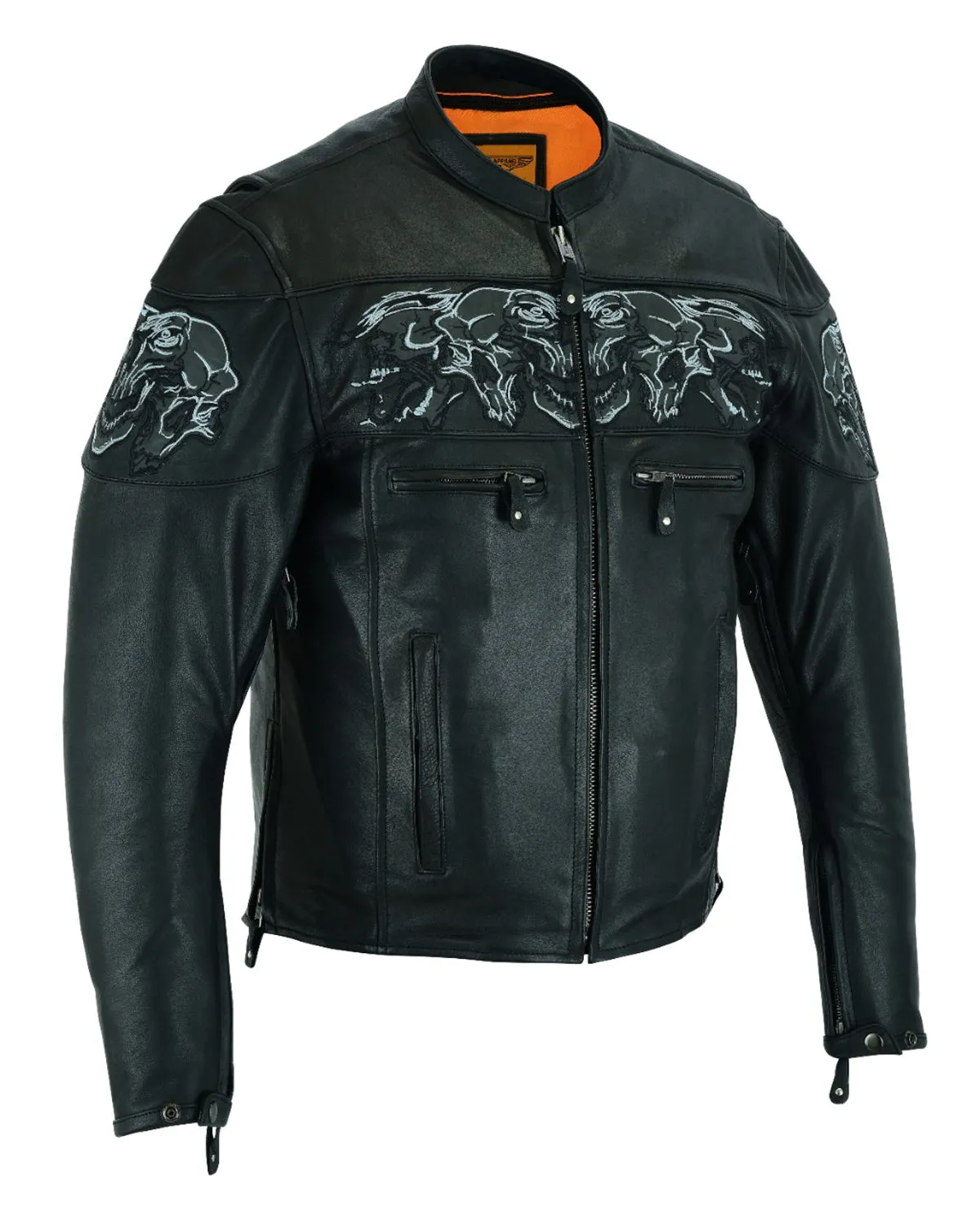 Mens Leather Jacket With Sleek Collar and Reflective Skulls & Gun Pockets Heavy Duty