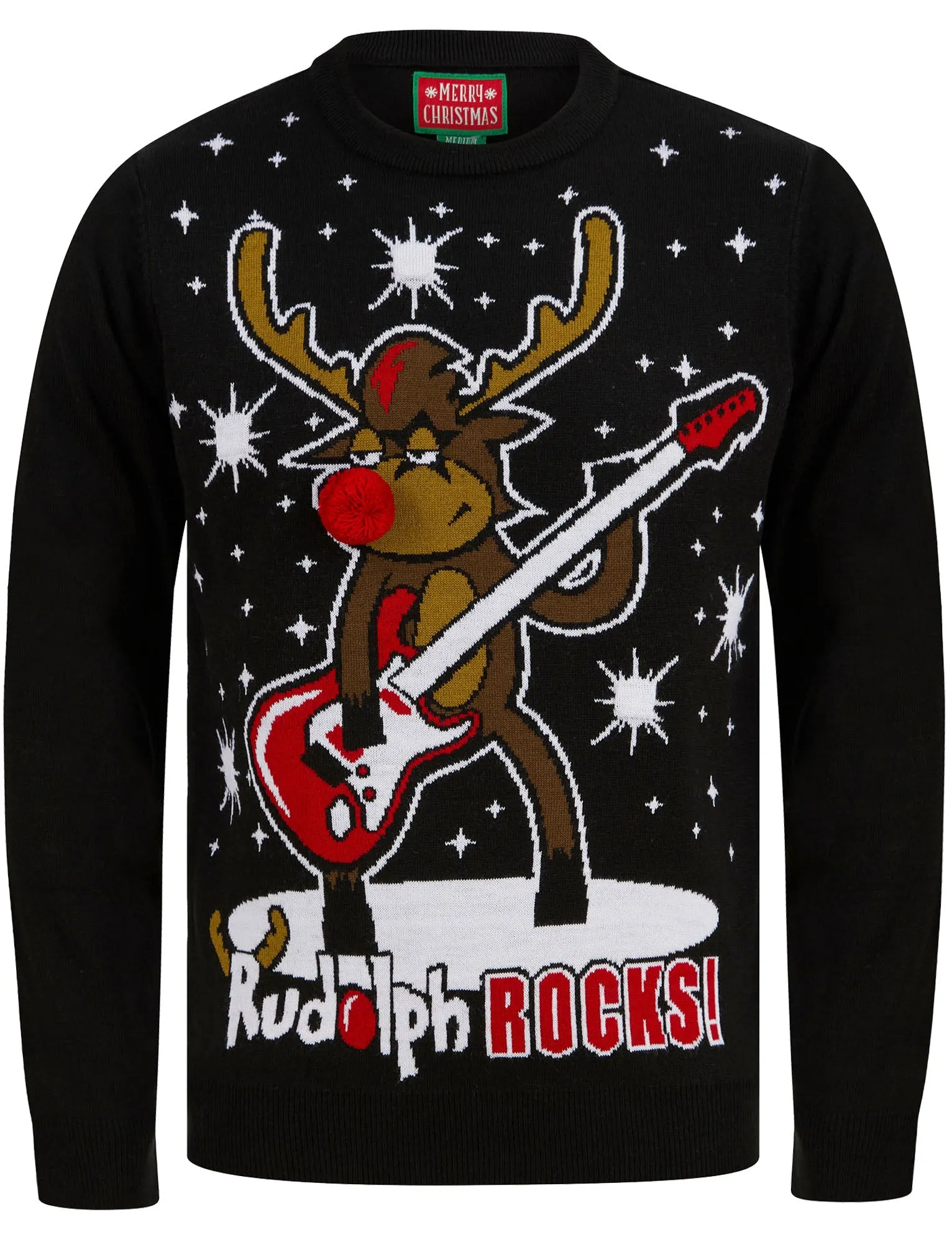 Men's Rudolph Rocks Motif LED Light Up Novelty Christmas Jumper in Black - Merry Christmas