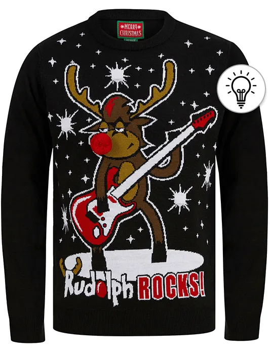 Men's Rudolph Rocks Motif LED Light Up Novelty Christmas Jumper in Black - Merry Christmas