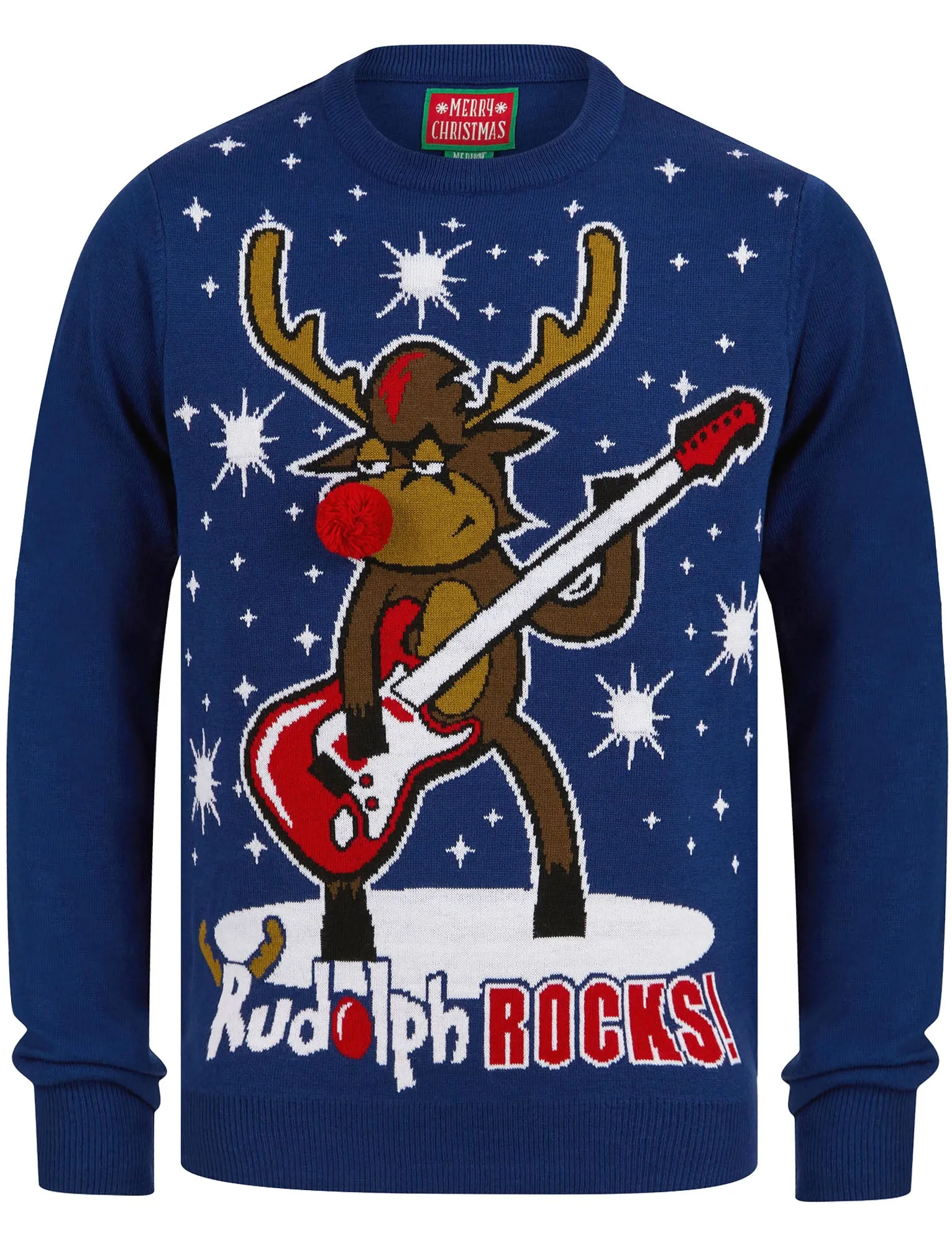 Men's Rudolph Rocks Motif LED Light Up Novelty Christmas Jumper in Sapphire - Merry Christmas