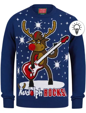 Men's Rudolph Rocks Motif LED Light Up Novelty Christmas Jumper in Sapphire - Merry Christmas