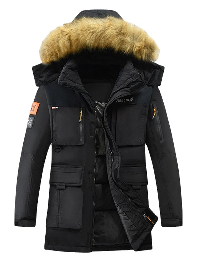 Mens Winter Thicken Multi-Pocket Zipper Fur Hooded Warm Down Coat