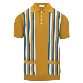 Men's yellow vintage striped pocket knit polo shirt