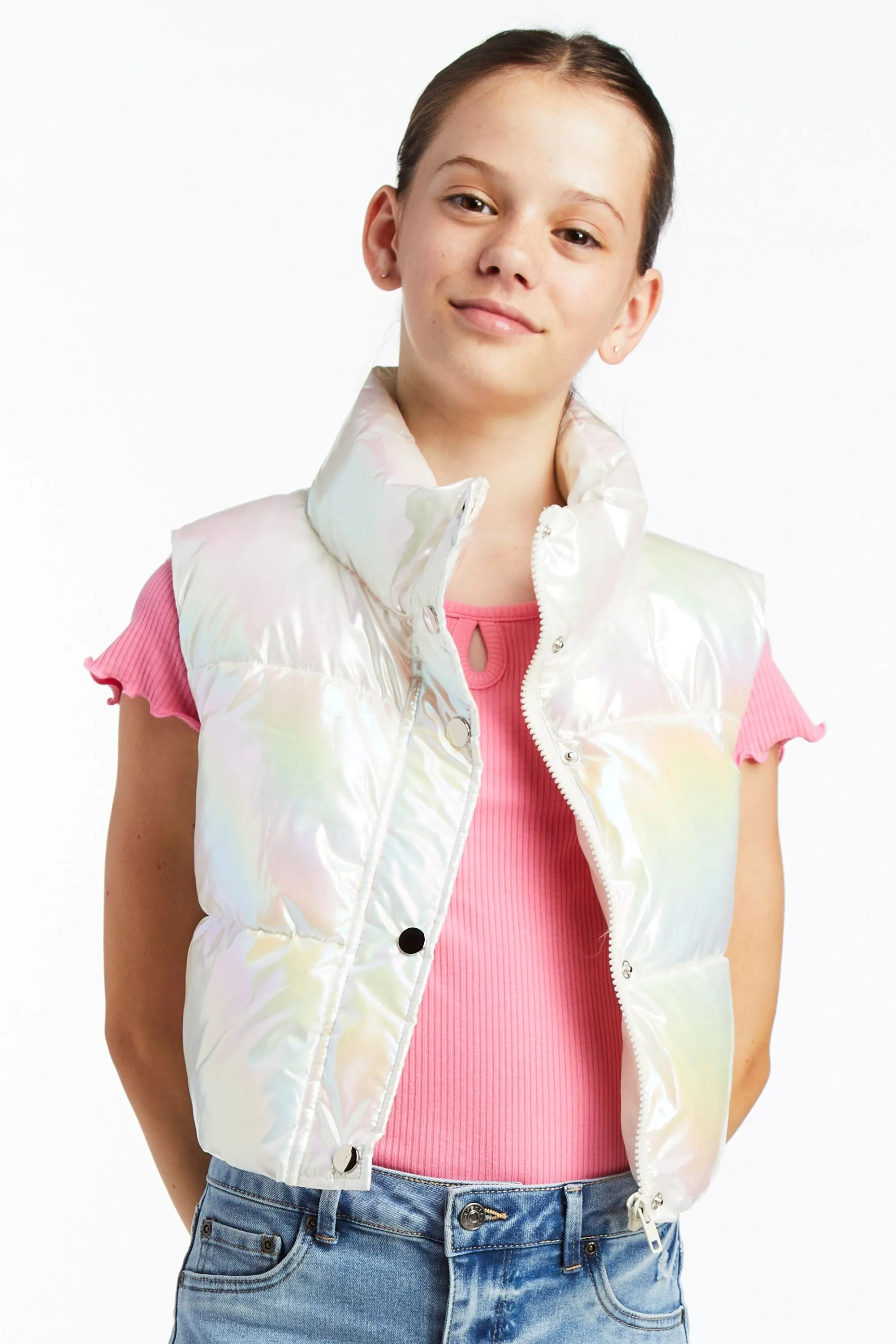 Metallic Cropped Puffer Vest With Pull Tab