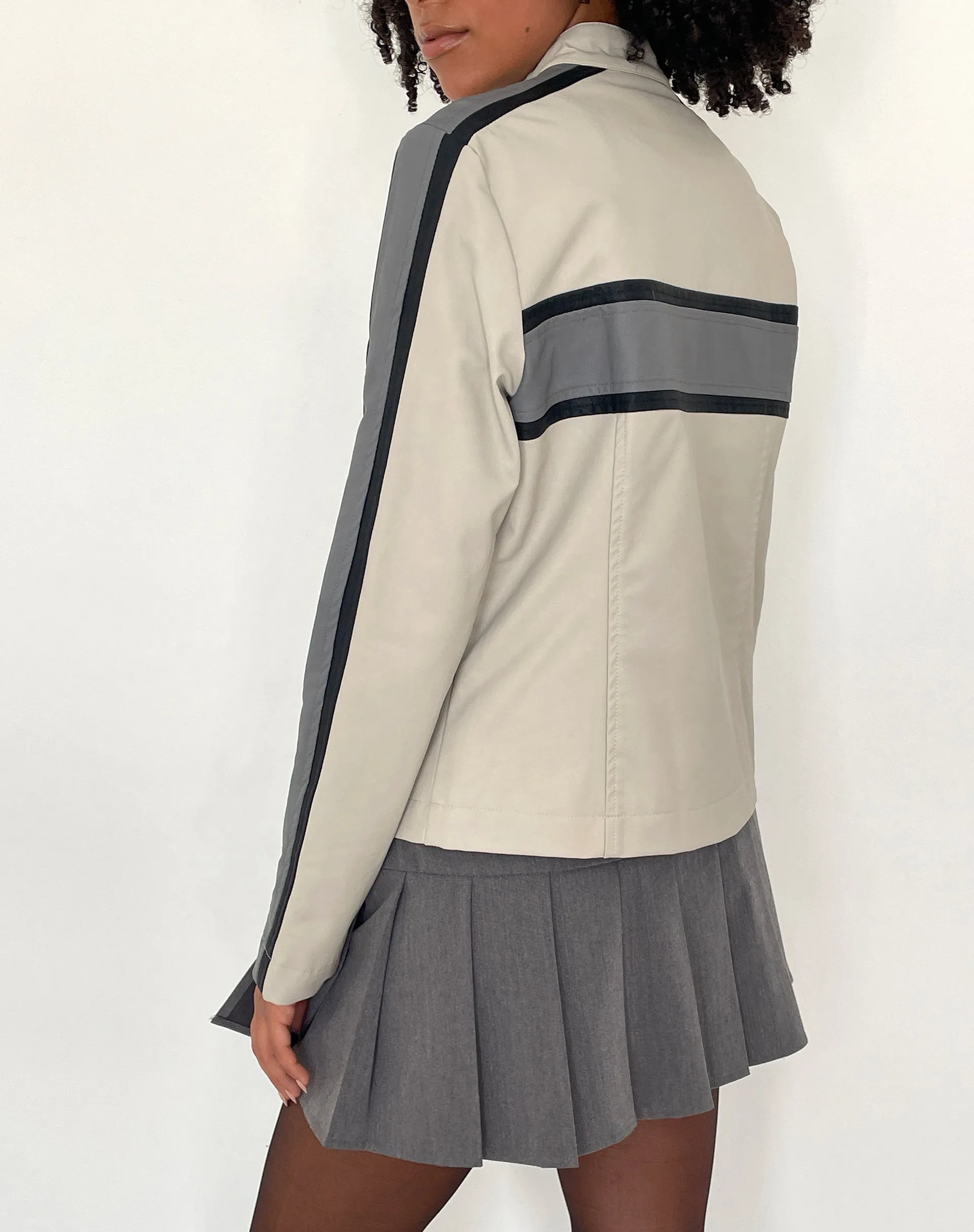 MOTEL X JACQUIE Oliver Zip Up Jacket in Grey PU with Dark Grey Stripe