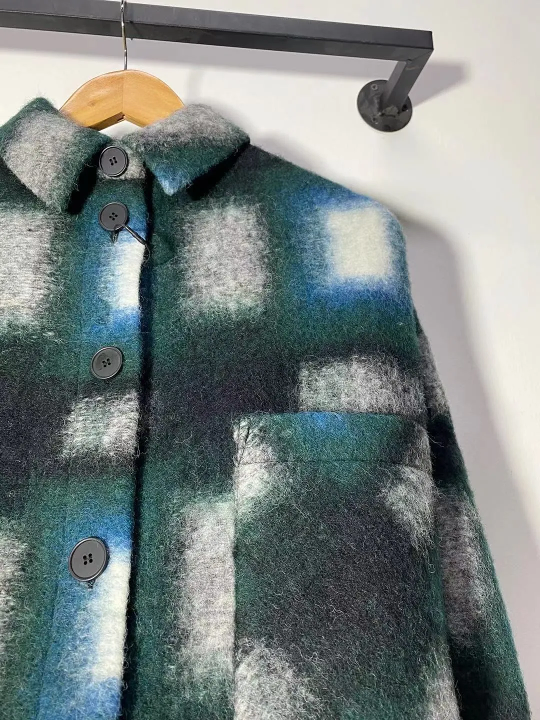 Multicolor Oversized Front Pockets Wool Plaid Flannel Over Shirt Shacket Jacket