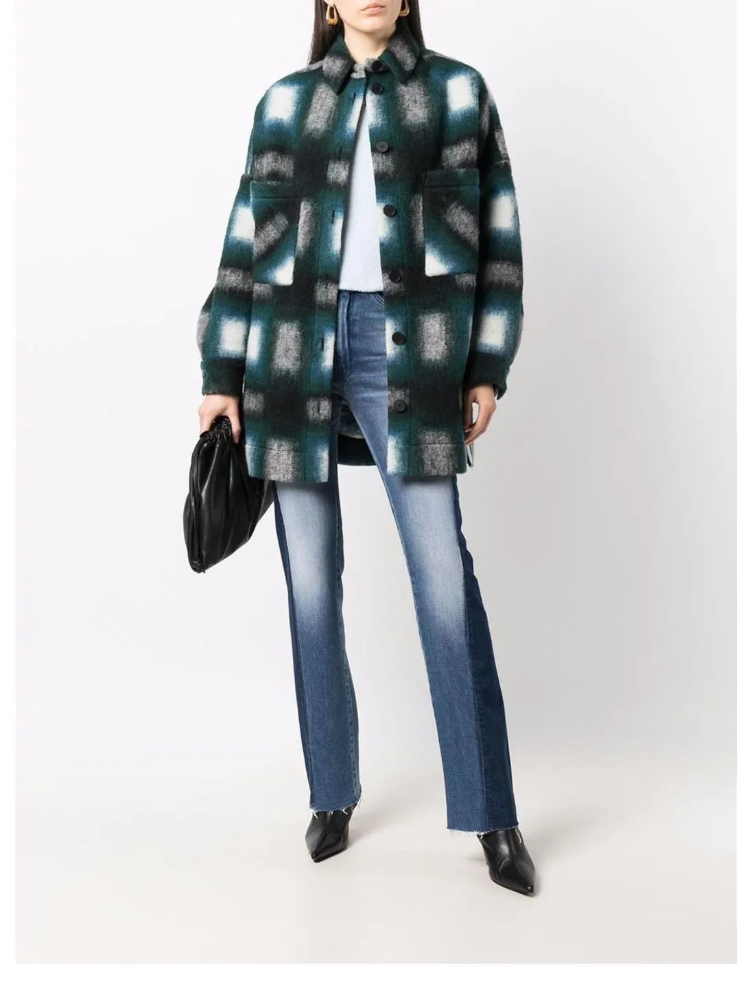 Multicolor Oversized Front Pockets Wool Plaid Flannel Over Shirt Shacket Jacket