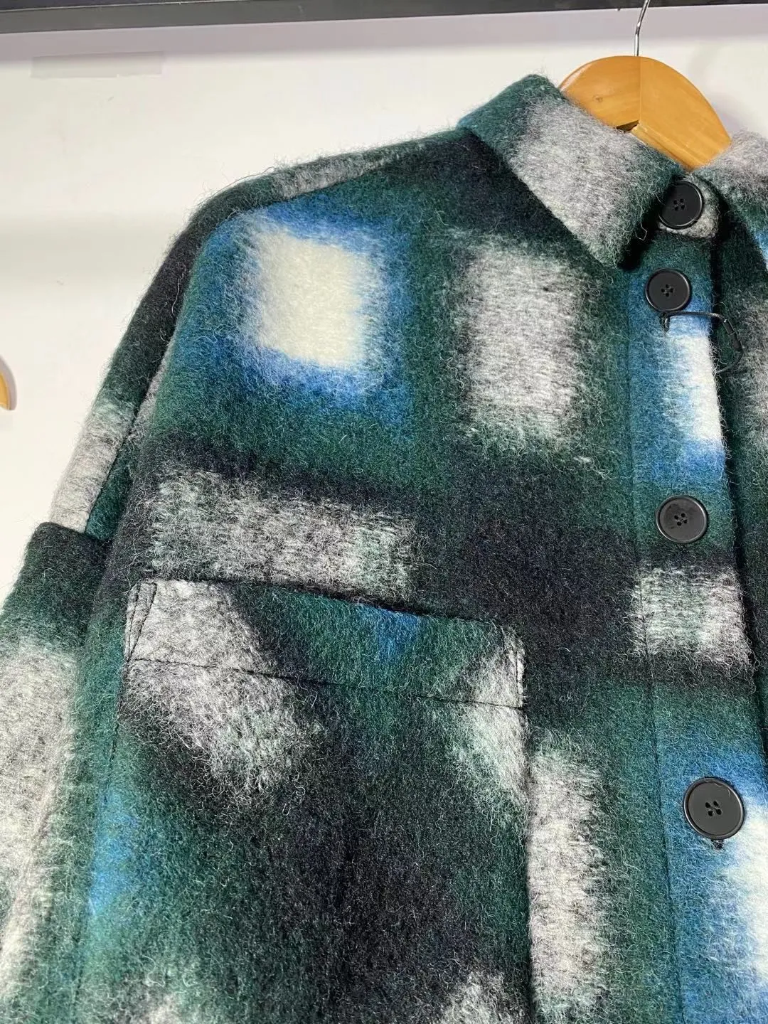 Multicolor Oversized Front Pockets Wool Plaid Flannel Over Shirt Shacket Jacket