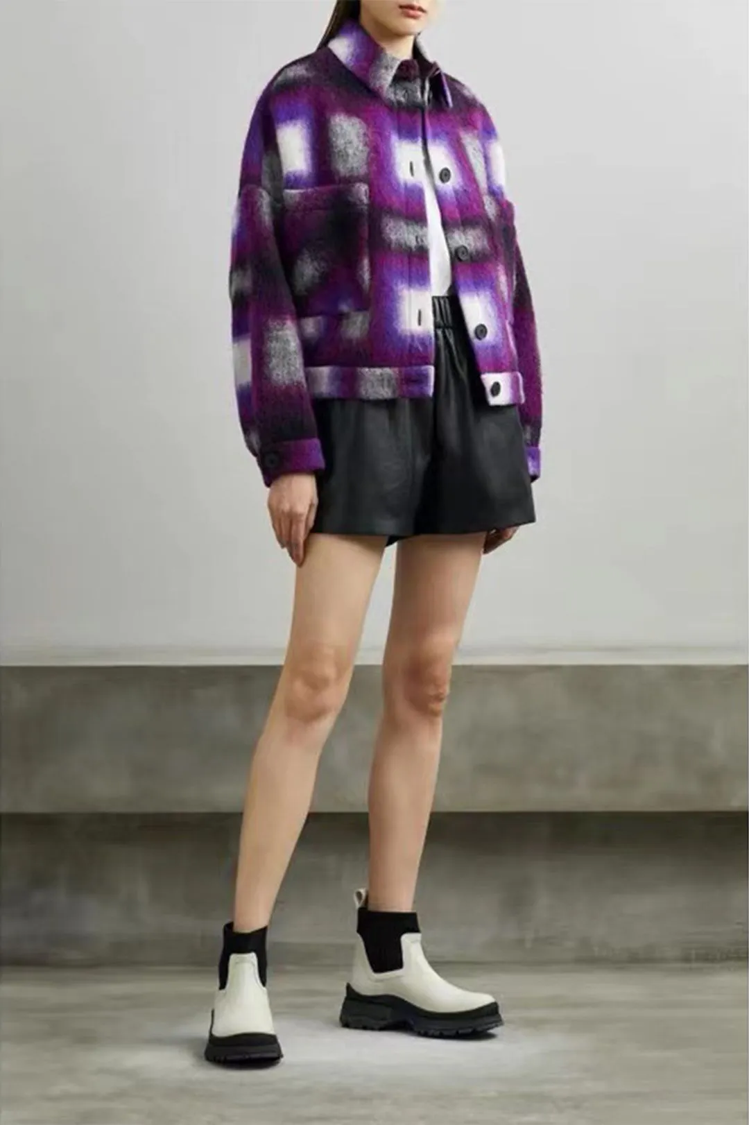 Multicolor Oversized Front Pockets Wool Plaid Flannel Over Shirt Shacket Jacket