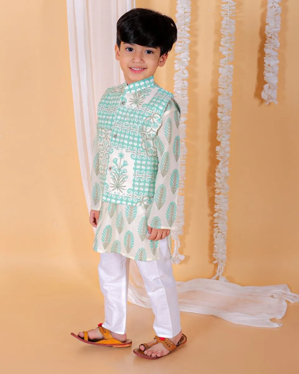 Neelegagan Boys Floral Print Jacket And Kurta Pajama Set