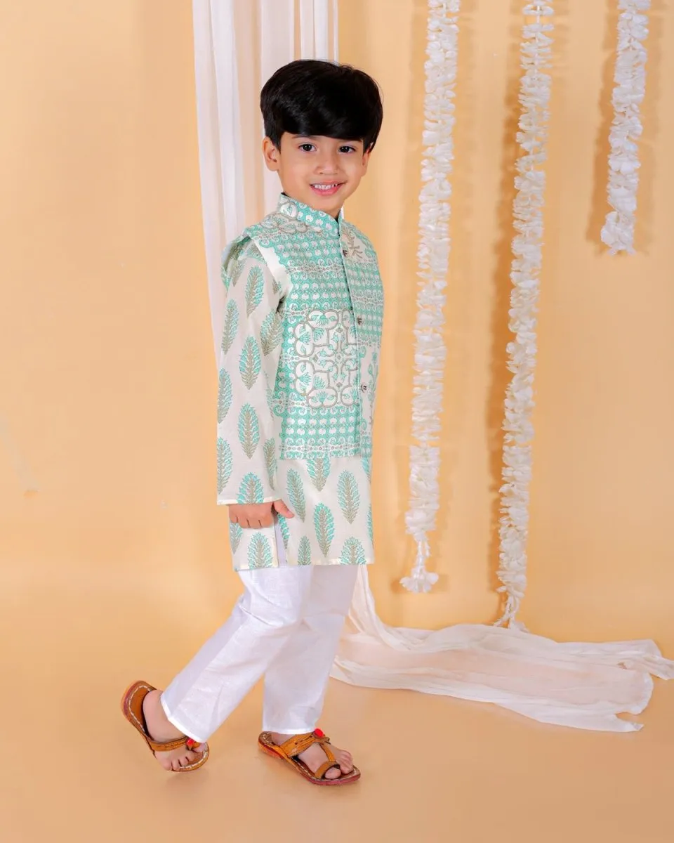 Neelegagan Boys Floral Print Jacket And Kurta Pajama Set