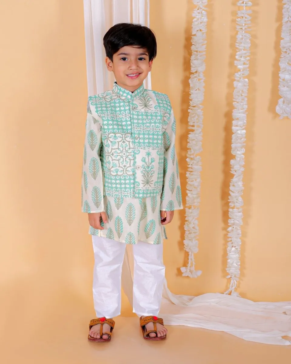 Neelegagan Boys Floral Print Jacket And Kurta Pajama Set