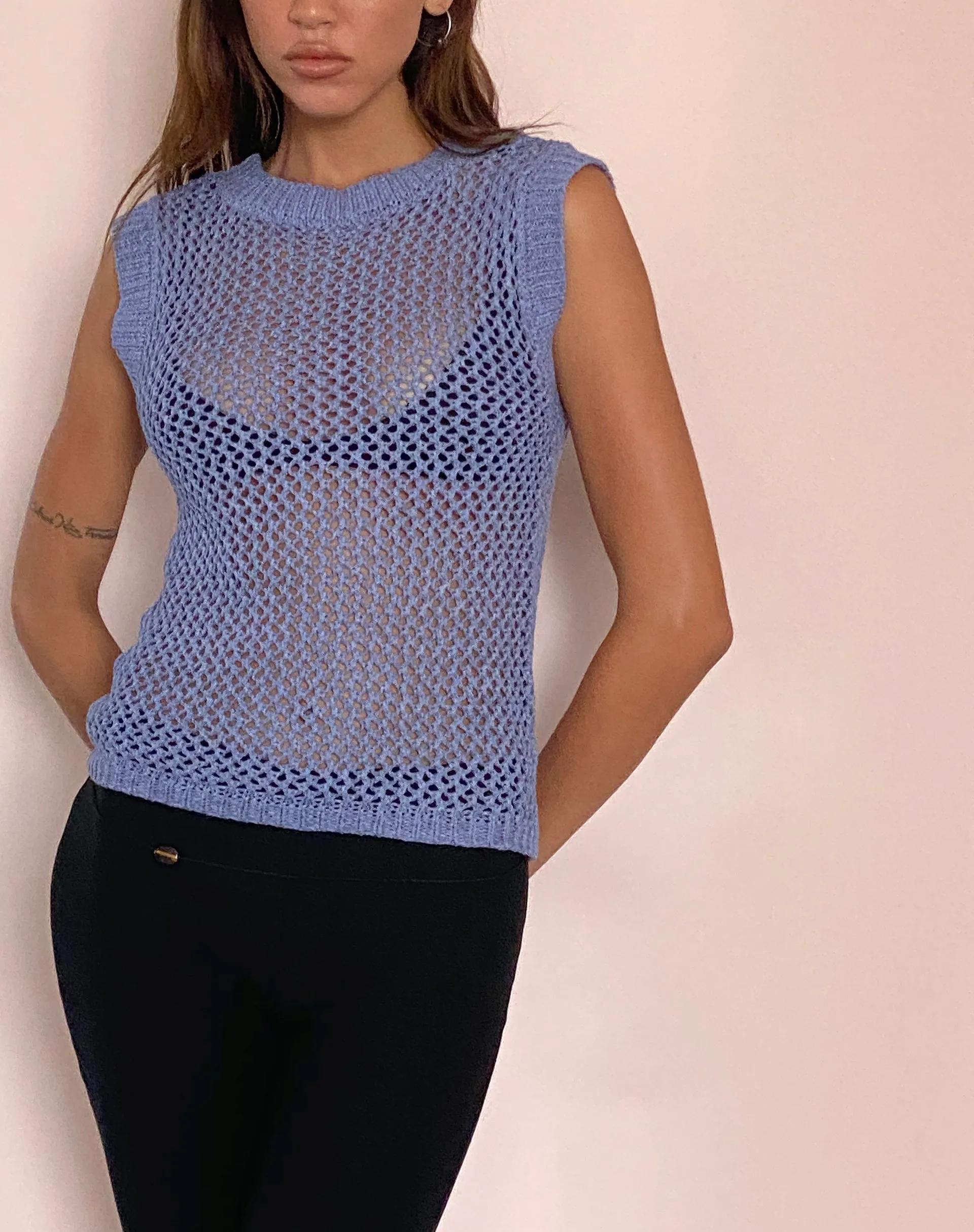 Nibura Open Back Vest Top in Blue Knit