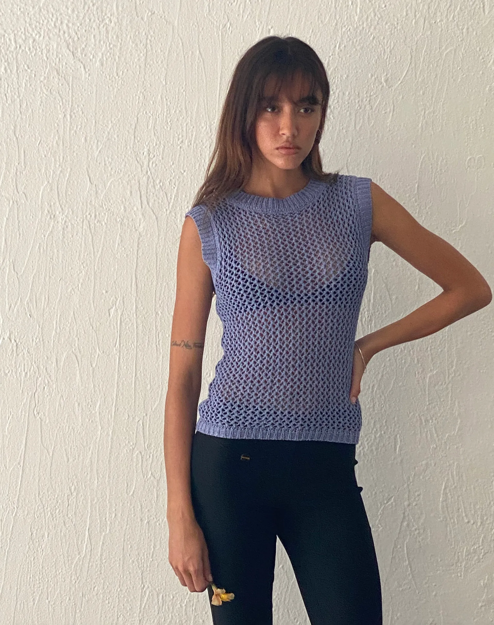 Nibura Open Back Vest Top in Blue Knit