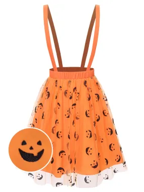 Orange 1940s Halloween Smiley Face Mesh Suspender Skirt