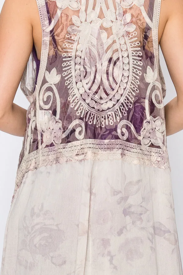 Origami Roses & Brocade Vest - Natural/Lavender