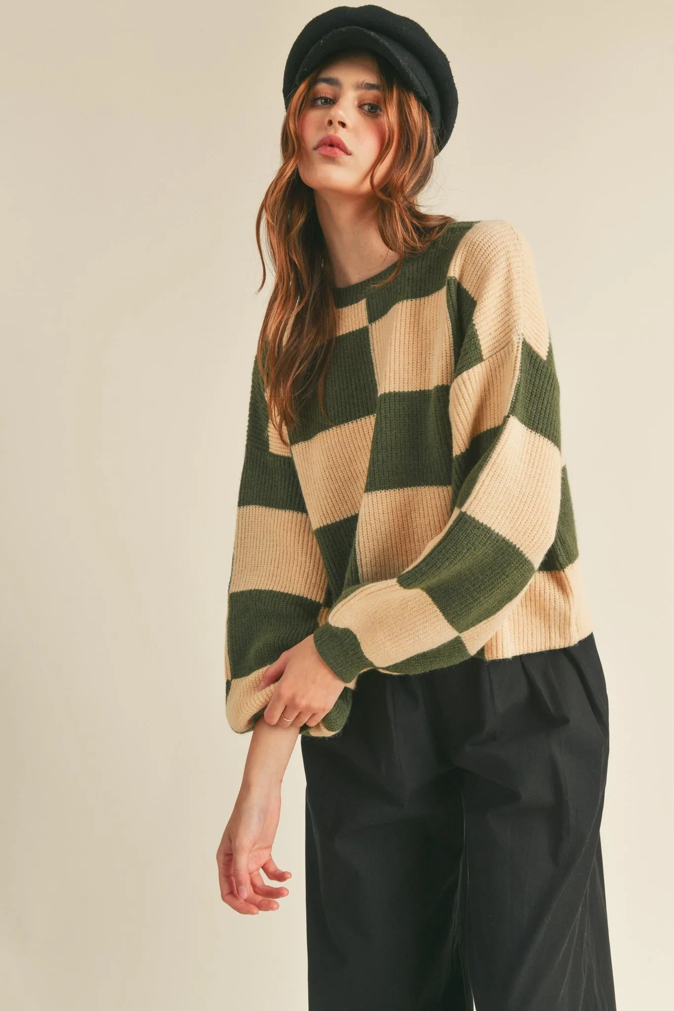 Oversized Checkered Sweater Olive Sand