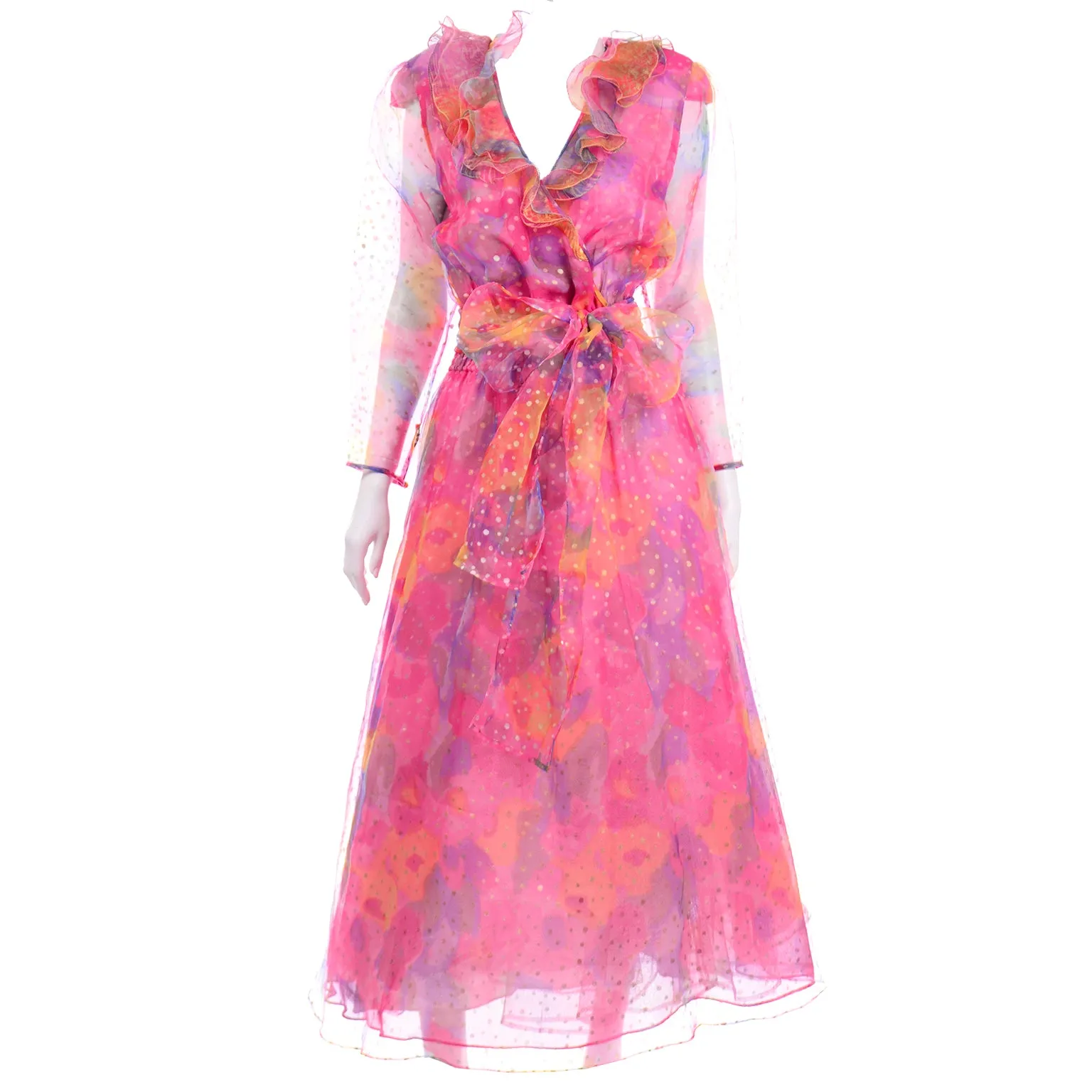 Pink Floral Polka Dot Ruffled Organza Diane Freis Vintage Dress