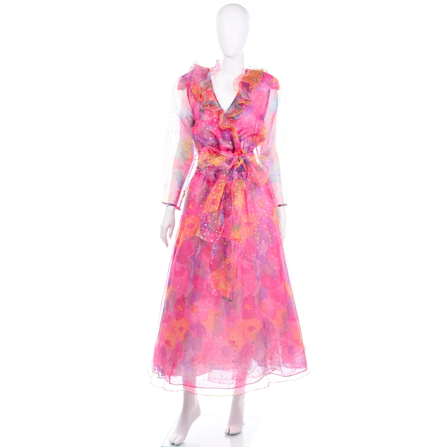 Pink Floral Polka Dot Ruffled Organza Diane Freis Vintage Dress