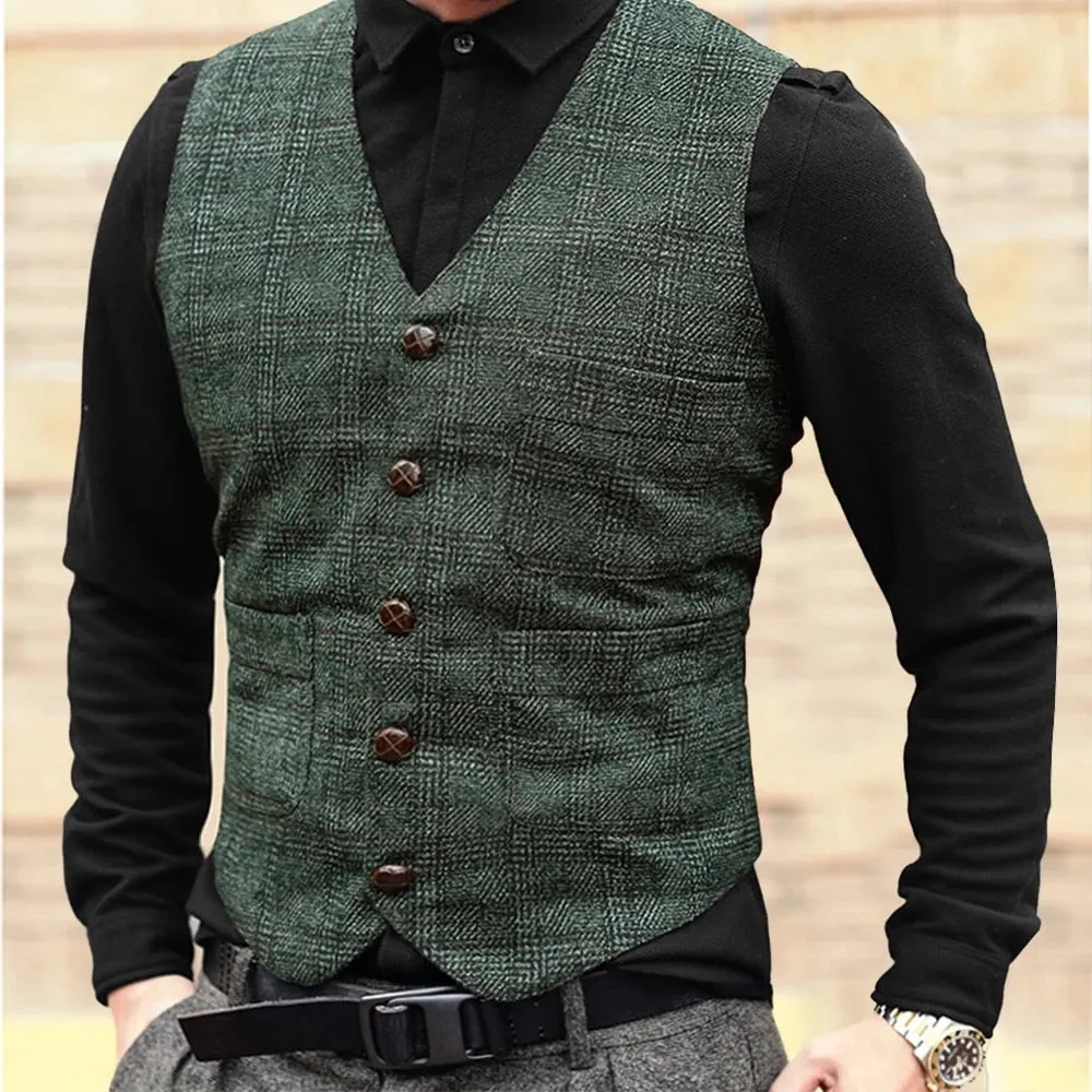 Plaid Pattern Basic Five Buttons Vest