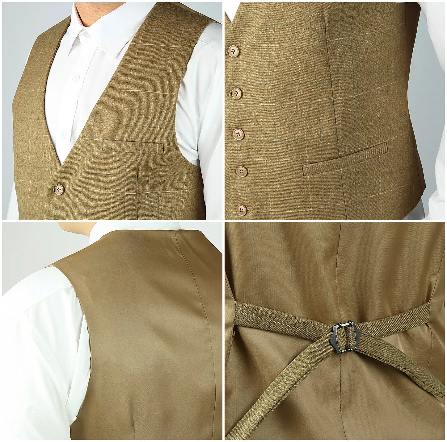 Plaid Slim Suit Vest - A-KHAKI