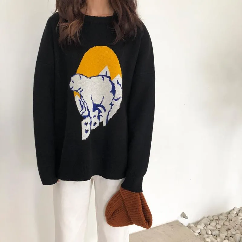 Polar Bear Knit Black Orange Loose Sweater