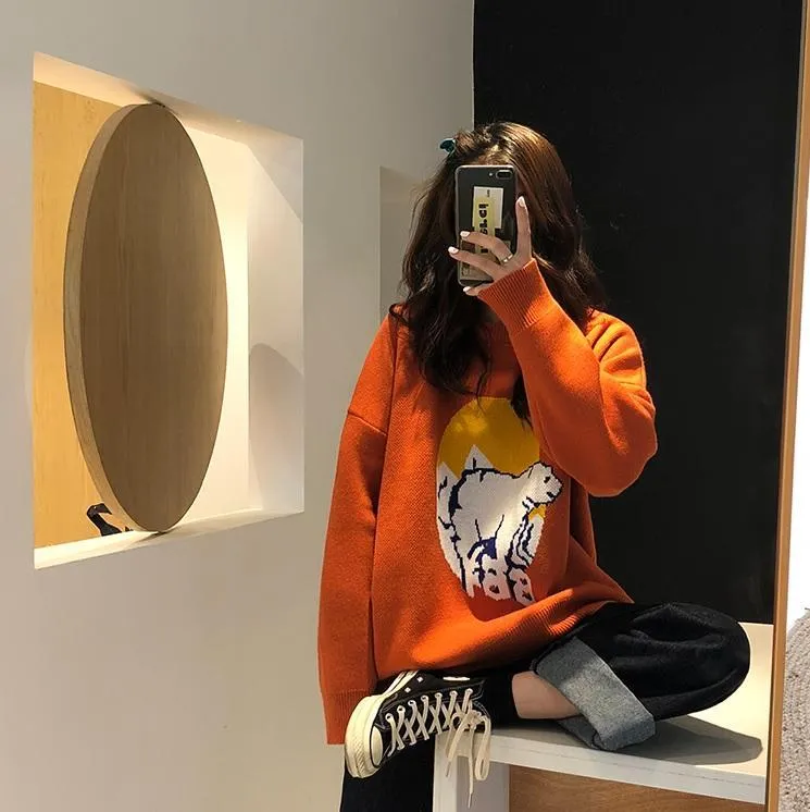 Polar Bear Knit Black Orange Loose Sweater