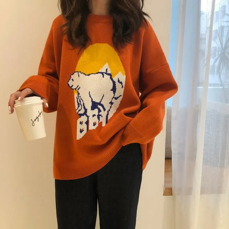 Polar Bear Knit Black Orange Loose Sweater