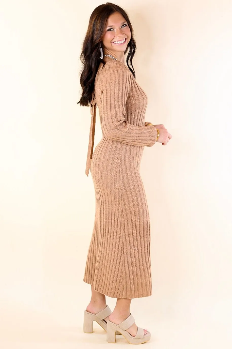 Pumpkin Spice Weather V Neck Midi Sweater Dress in Clay Nude