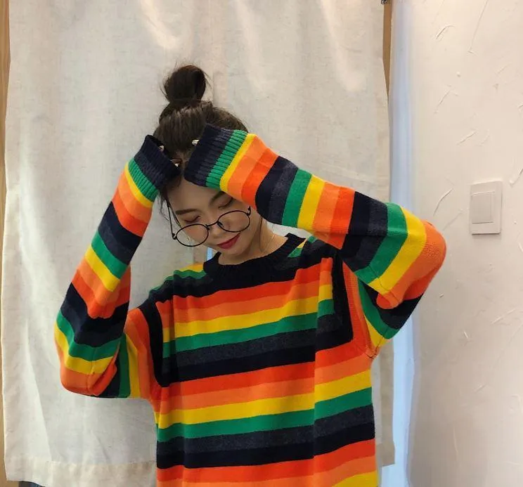 Rainbow Striped Round Neck Knitted Sweater