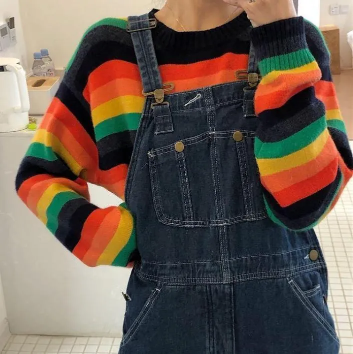 Rainbow Striped Round Neck Knitted Sweater