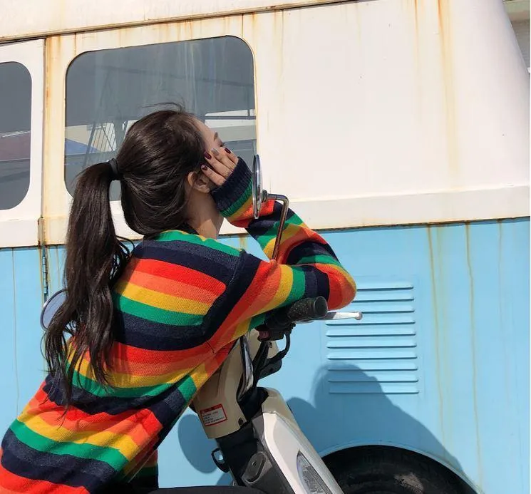 Rainbow Striped Round Neck Knitted Sweater