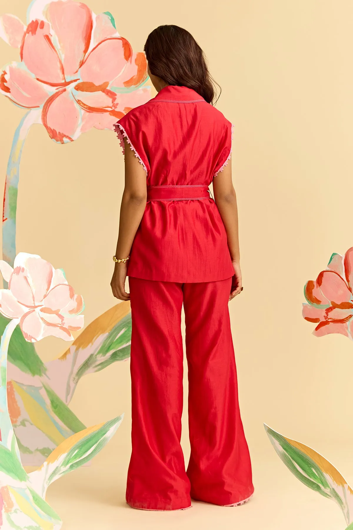 Red Chanderi Shirt With Flared Pants