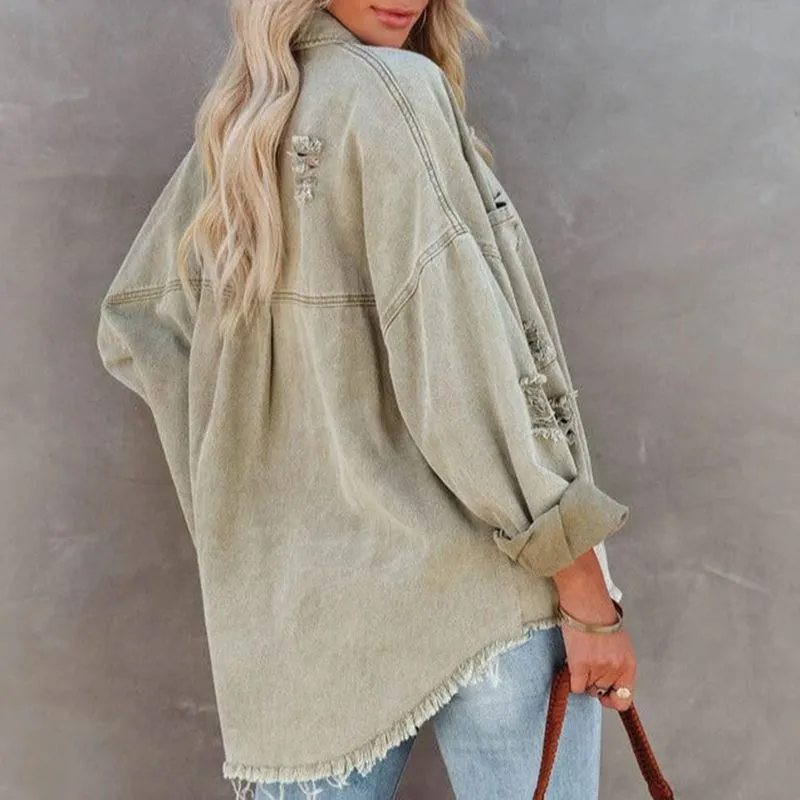 Relaxed Fit Ripped High Low Hemline Cotton Distressed Denim Jacket