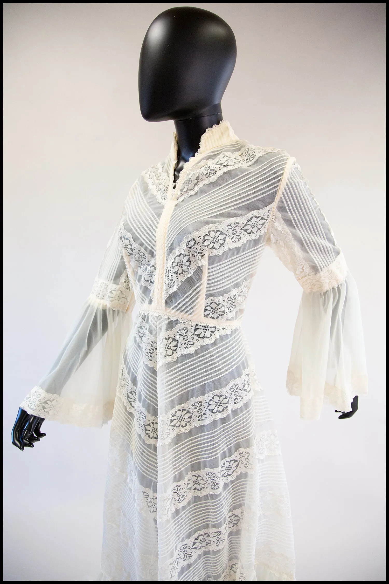 Reserved - Vintage 1970s Cream Nylon Lace Gown