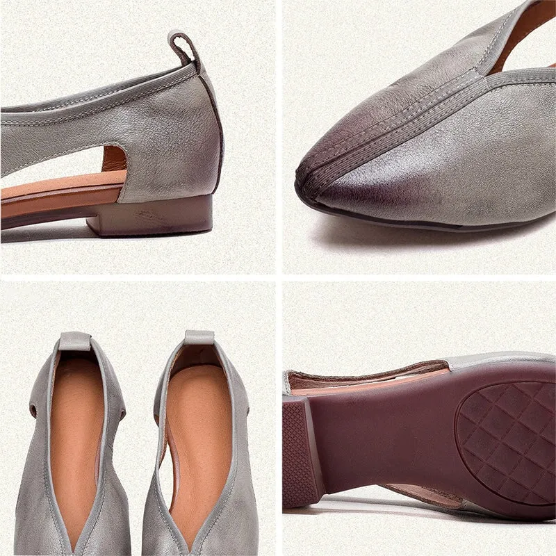 Retro Handmade Soft Leather Flats For Women Slip On Shoes in Grey/Coffee